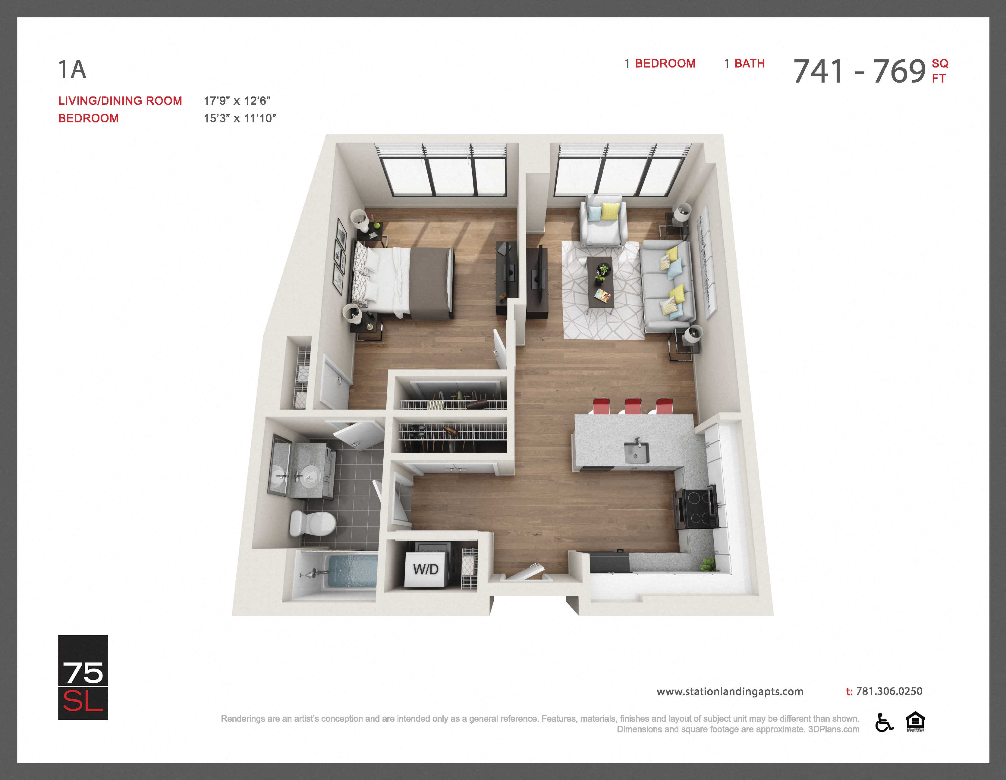 Floor plan for 1 bed, 1 bath, 764 sqft